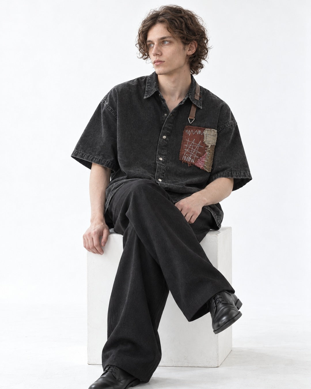 Washed Denim Patchwork Short-Sleeve Shirt