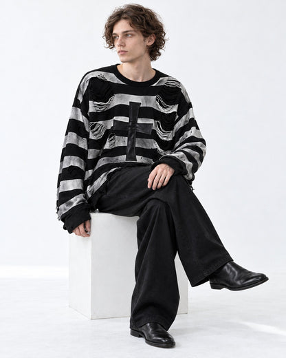 Cross Patch Distressed Stripe Sweater