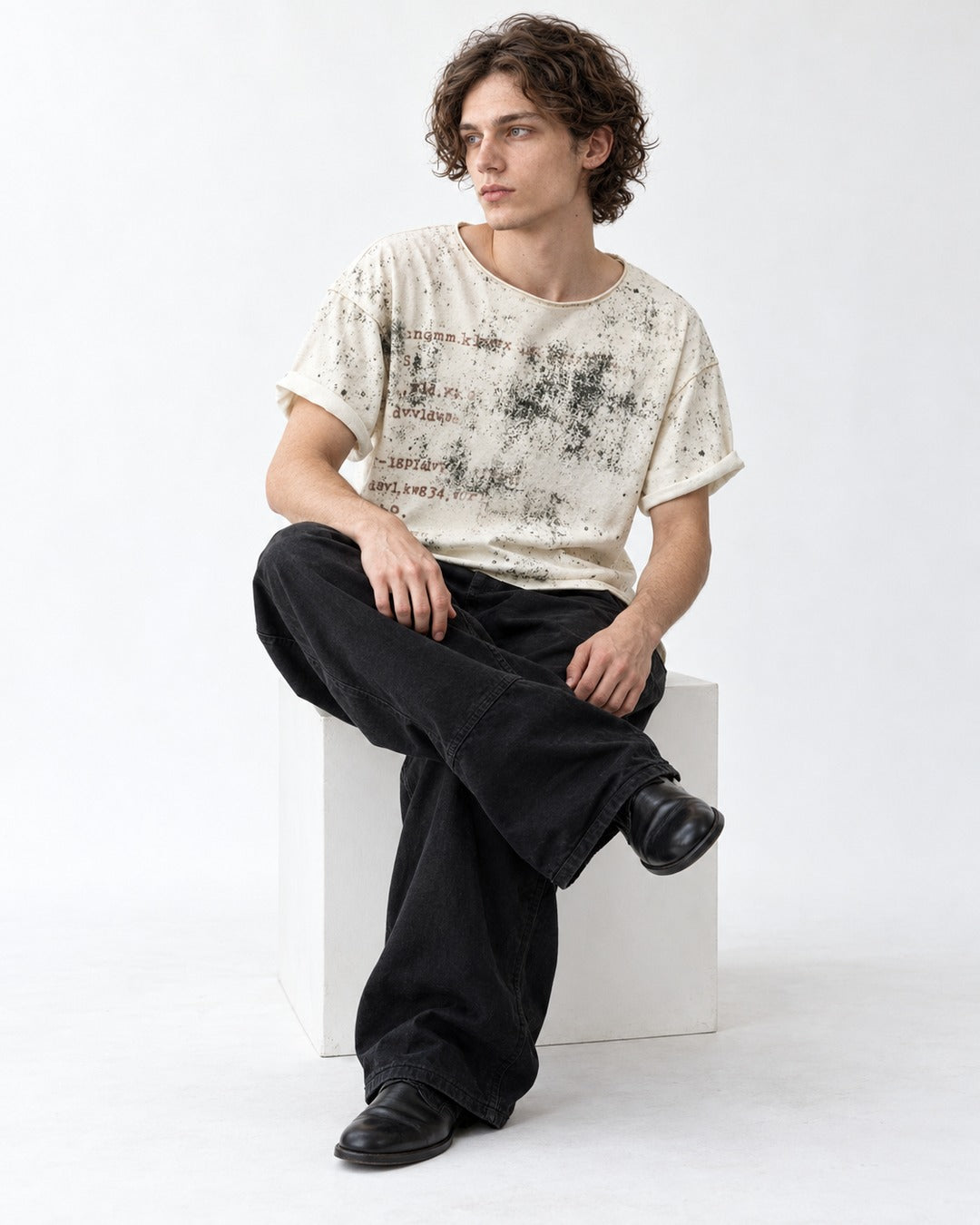 Distressed Stencil Print Raw-Cut Top
