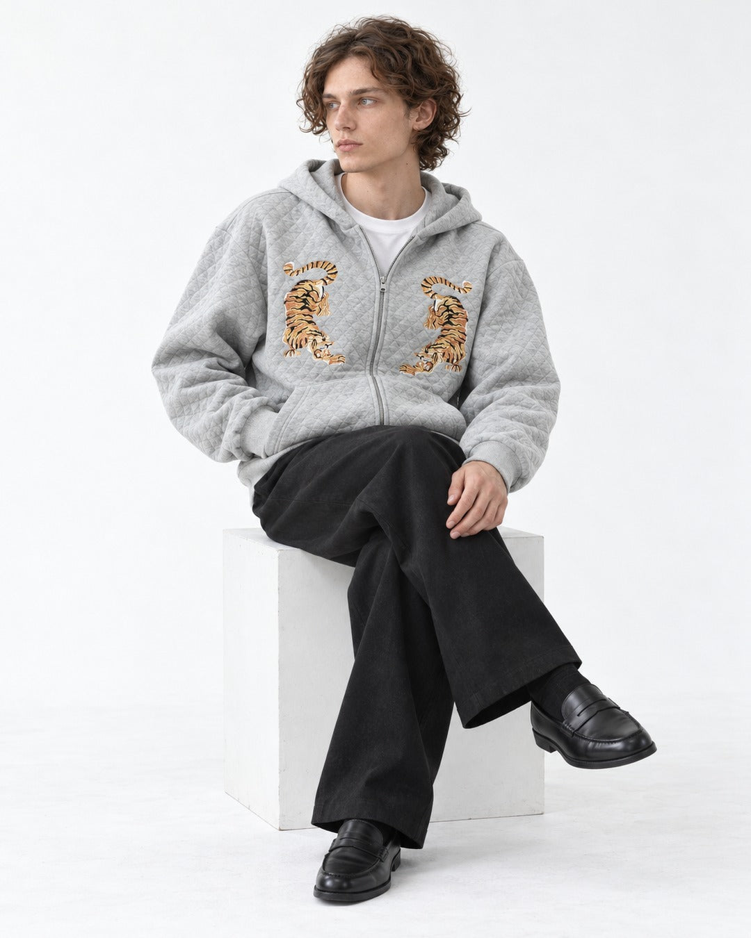 Tiger Embroidered Quilted Zip Hoodie