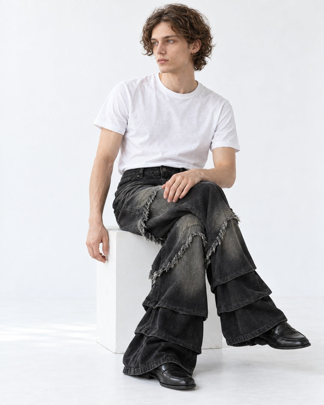 Fringed V-Seam Tiered Hem Jeans