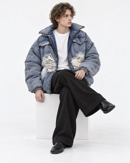 Ripped Patch Denim Puffer Jacket