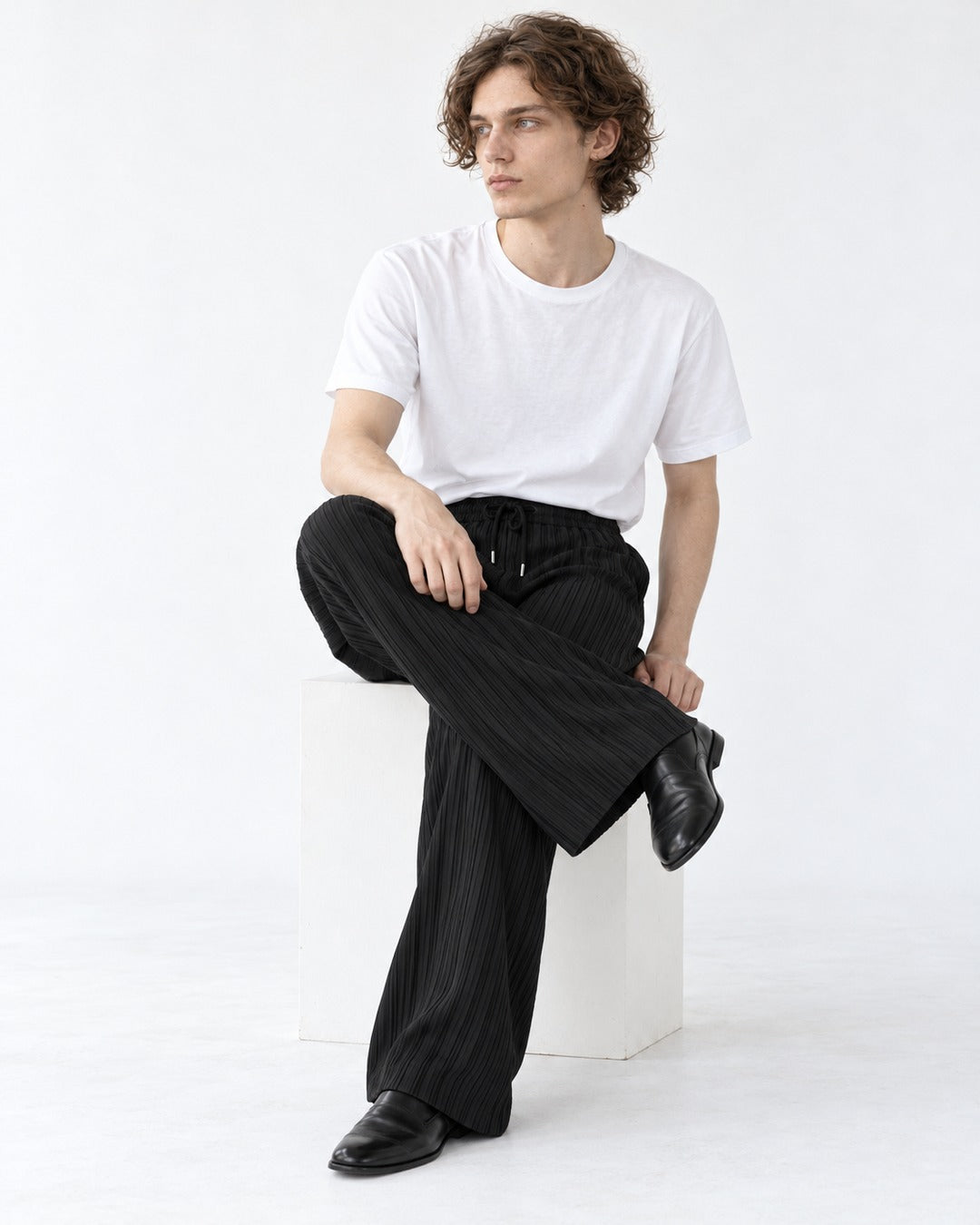 Pleated Drawstring Wide-Leg Pants