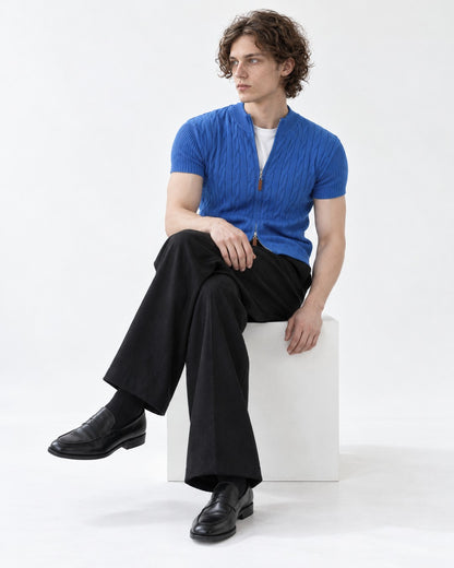 Cable-Knit Short-Sleeve Zip Cardigan