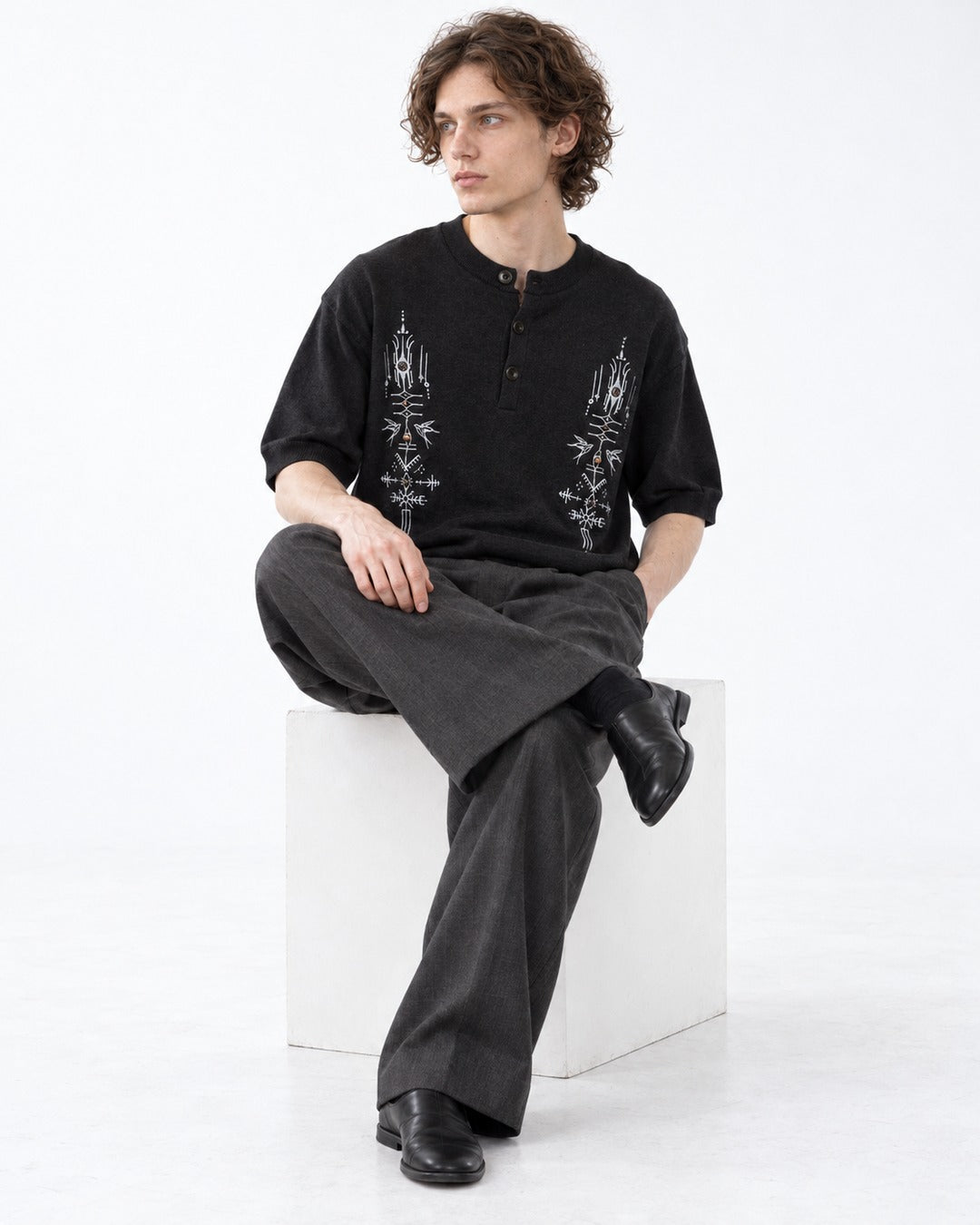 Embroidered Short-Sleeve Henley Knit Top