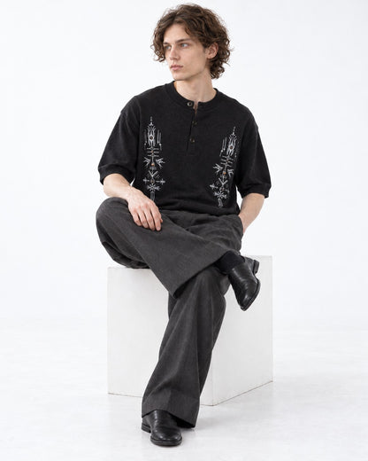 Embroidered Short-Sleeve Henley Knit Top