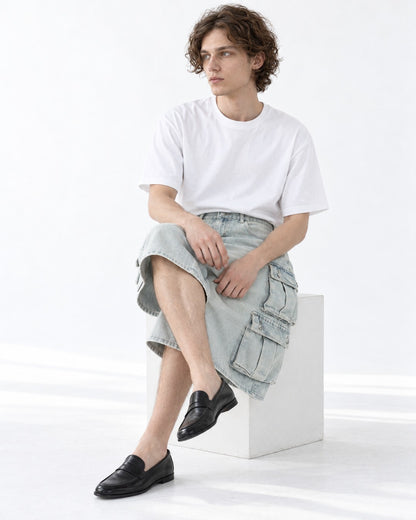 Washed Denim Double Flap Cargo Shorts