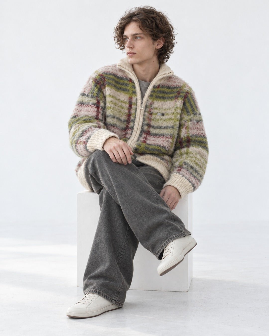 Mohair-Blend Plaid Zip Knit Jacket