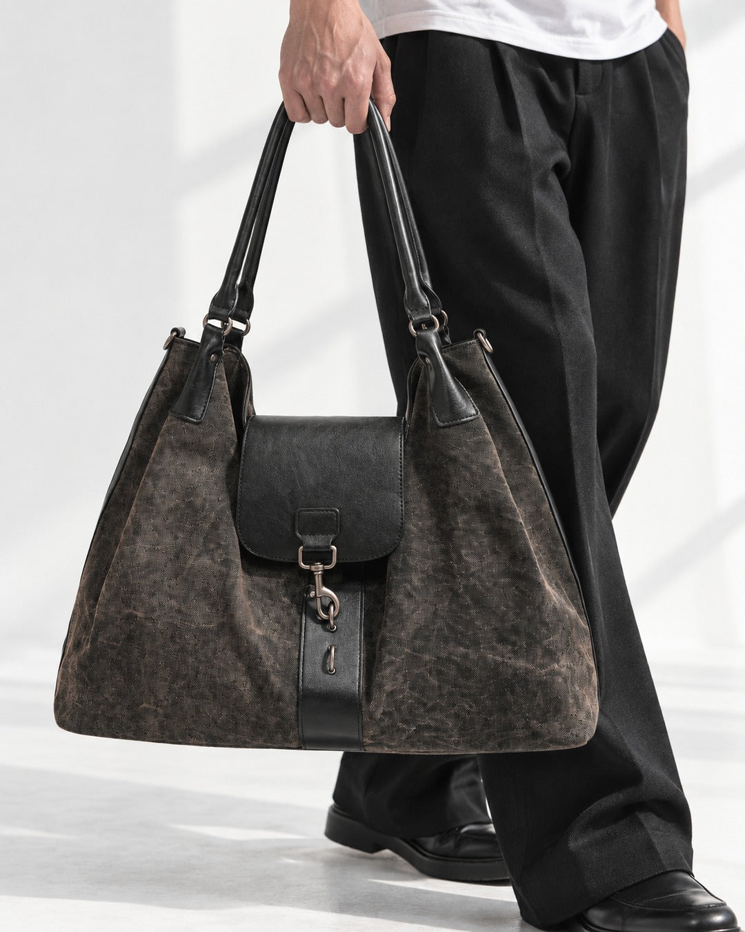 Distressed Canvas Hobo Bag with Black Flap