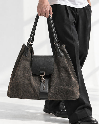 Distressed Canvas Hobo Bag with Black Flap