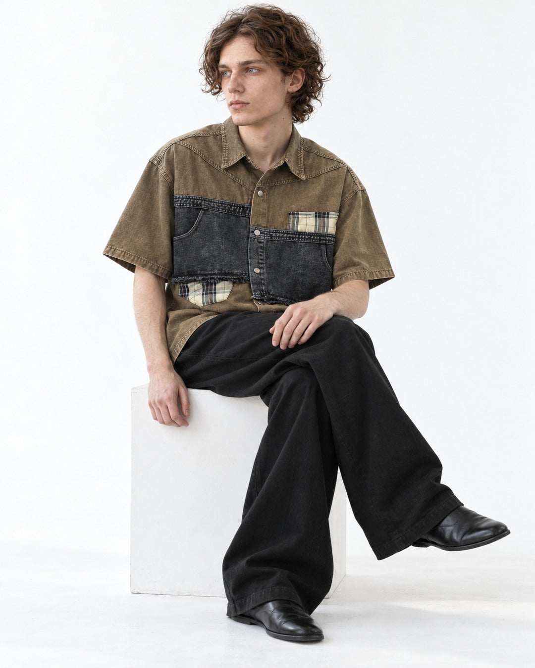 Distressed Denim Patchwork Short-Sleeve Shirt