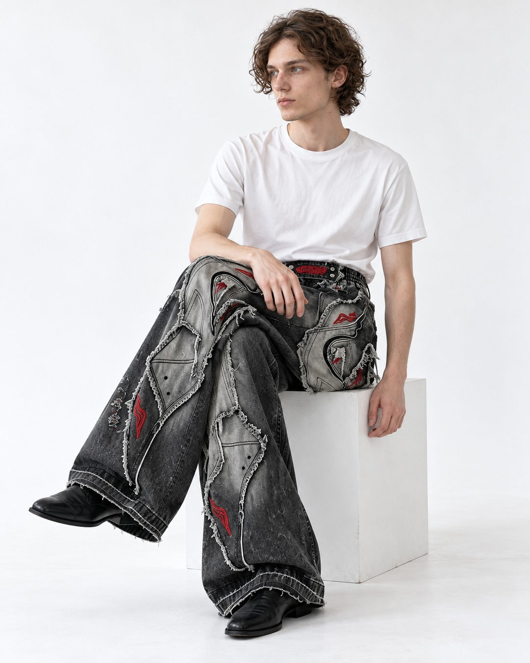 Patchwork Frayed Flare Jeans