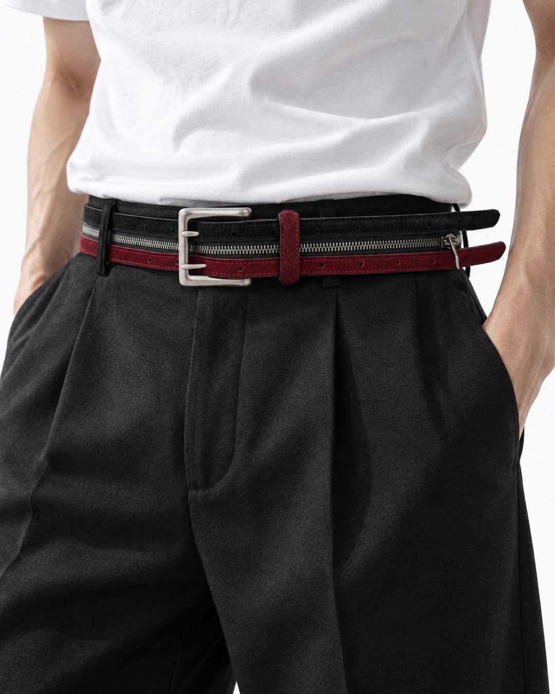 Black and Red Zipper Layer Belt
