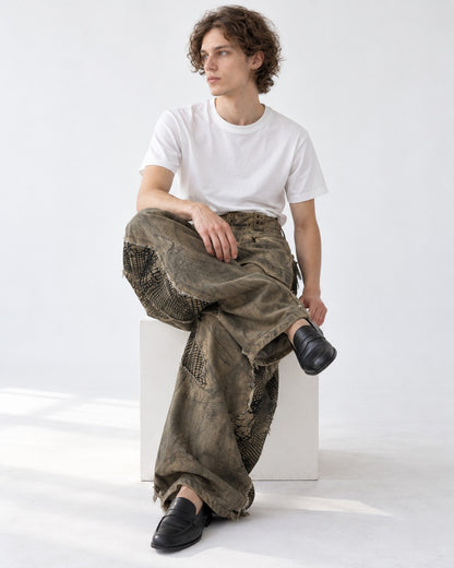 Mud-Dyed Mesh Patch Wide Pants