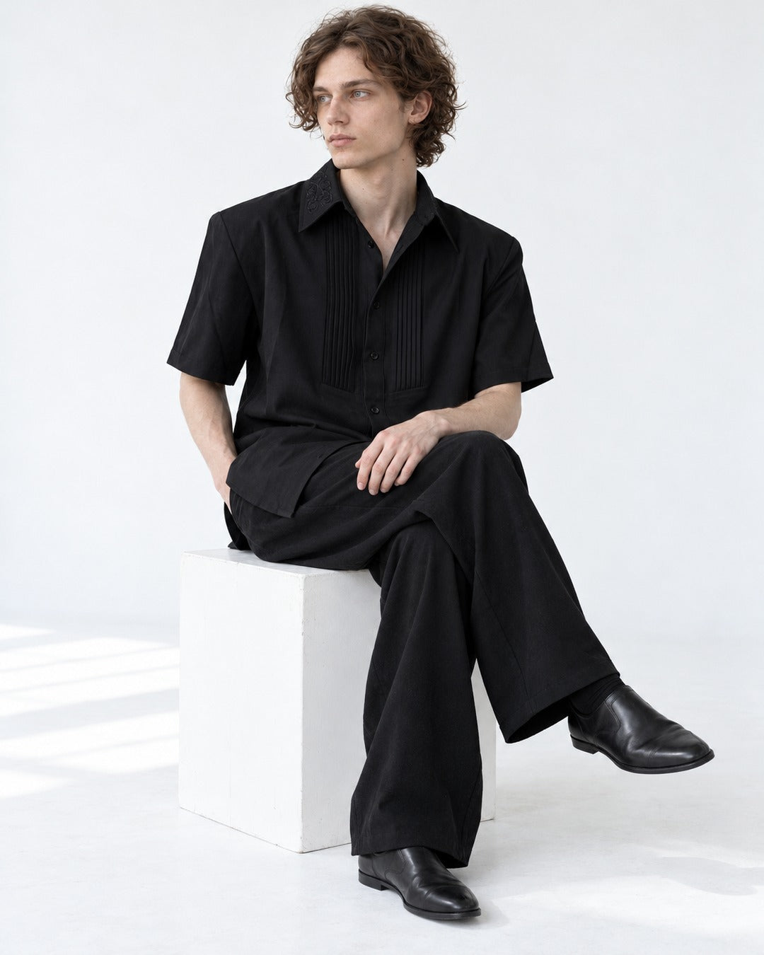 Pintucked Bib Short-Sleeve Shirt