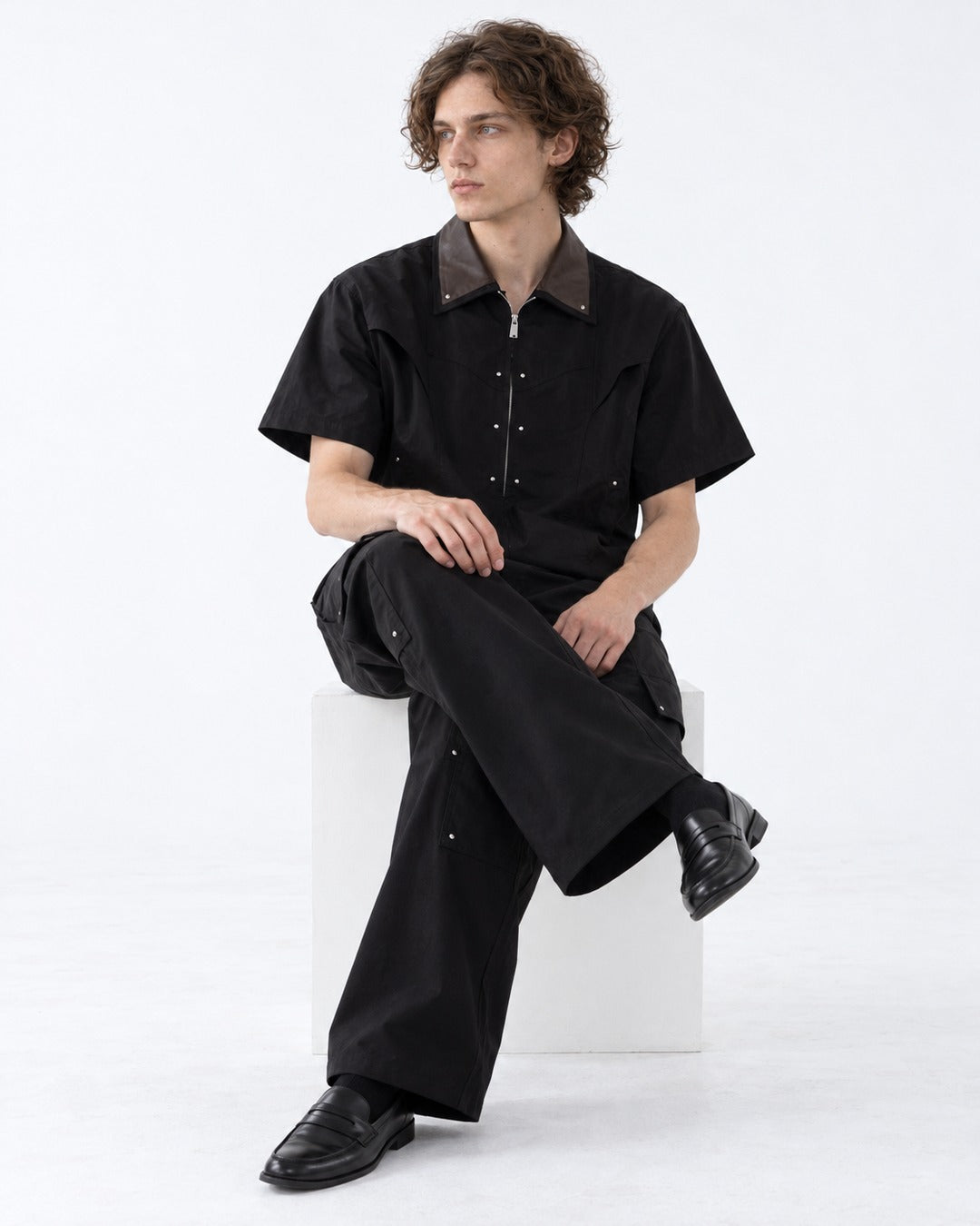 Brown Collar Studded Zip Shirt and Cargo Pants Set