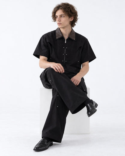 Brown Collar Studded Zip Shirt and Cargo Pants Set