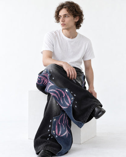 Pink Tribal Pattern Blue-Panel Black Wide-Leg Jeans