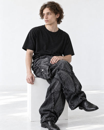 Raw-Edge Curved-Pocket Wide Denim
