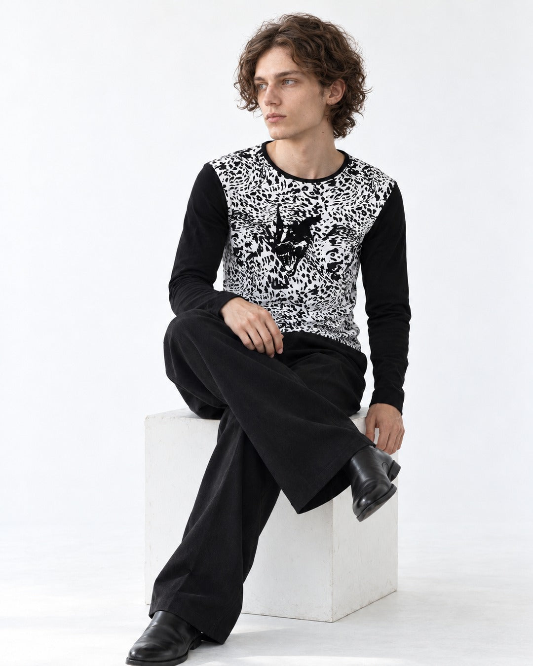 Wolf Head Leopard Color-Block Long-Sleeve T-Shirt