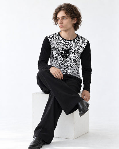 Wolf Head Leopard Color-Block Long-Sleeve T-Shirt