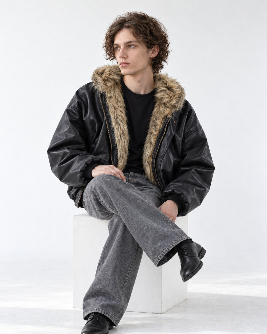 Faux-Fur Lined Hooded Leather Bomber