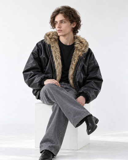 Faux-Fur Lined Hooded Leather Bomber