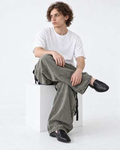 Washed Strap-Pocket Wide Cargo Pants