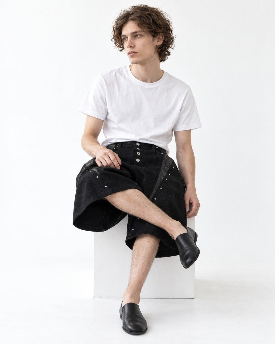 Studded Snap-Front Panel Denim Shorts