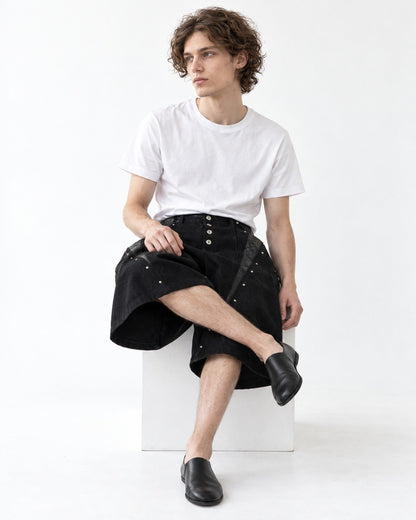 Studded Snap-Front Panel Denim Shorts