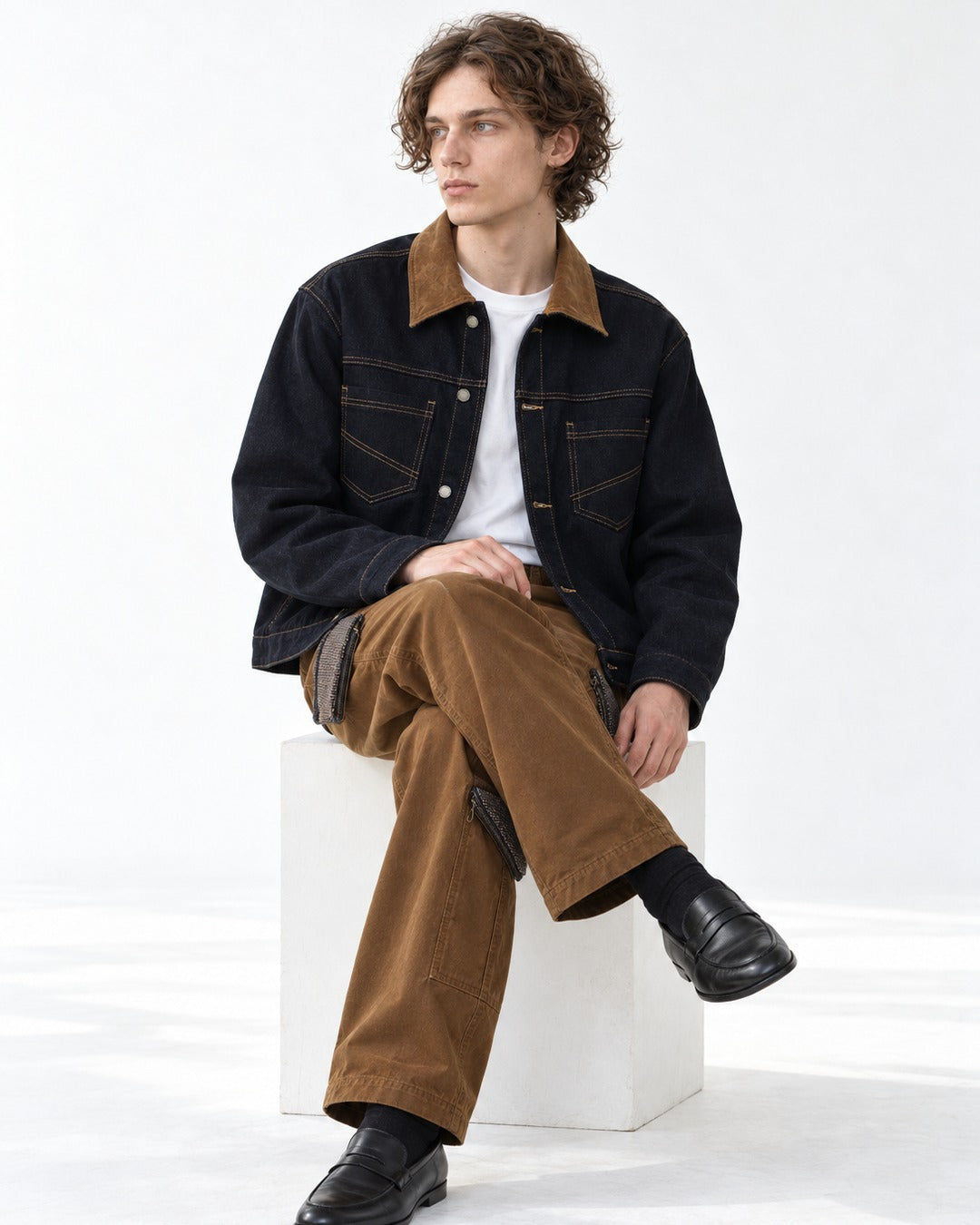 Corduroy Collar Denim Jacket and Cargo Pants Set