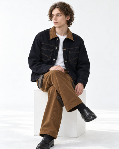 Corduroy Collar Denim Jacket and Cargo Pants Set