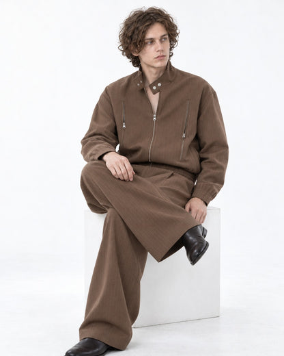 Pinstripe Stand Collar Zip Jacket and Wide Pants Set