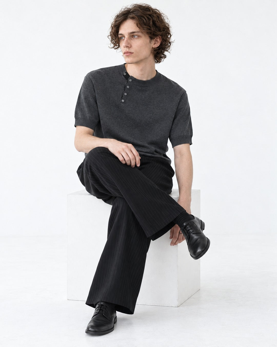 Diagonal-Button Henley Knit Top