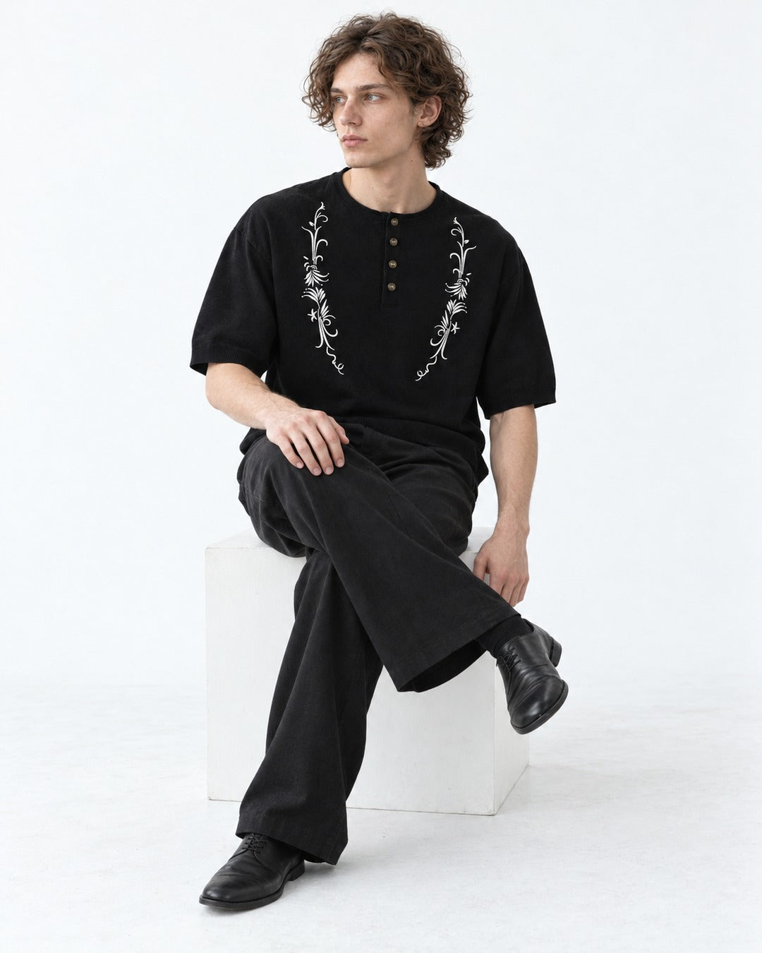 Vine Embroidered Henley Knit Top