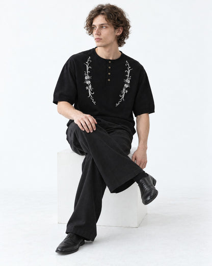 Vine Embroidered Henley Knit Top