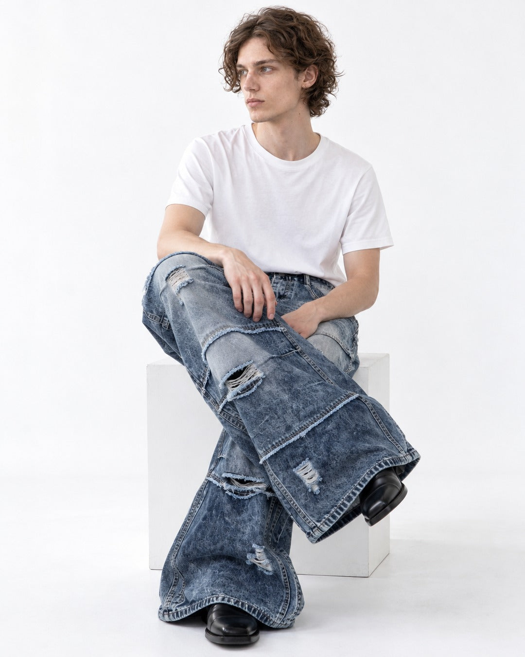 Stacked-Panel Frayed Blue Wide-Leg Jeans