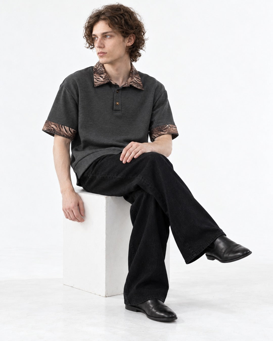 Leopard Print Collar Short Sleeve Polo Top