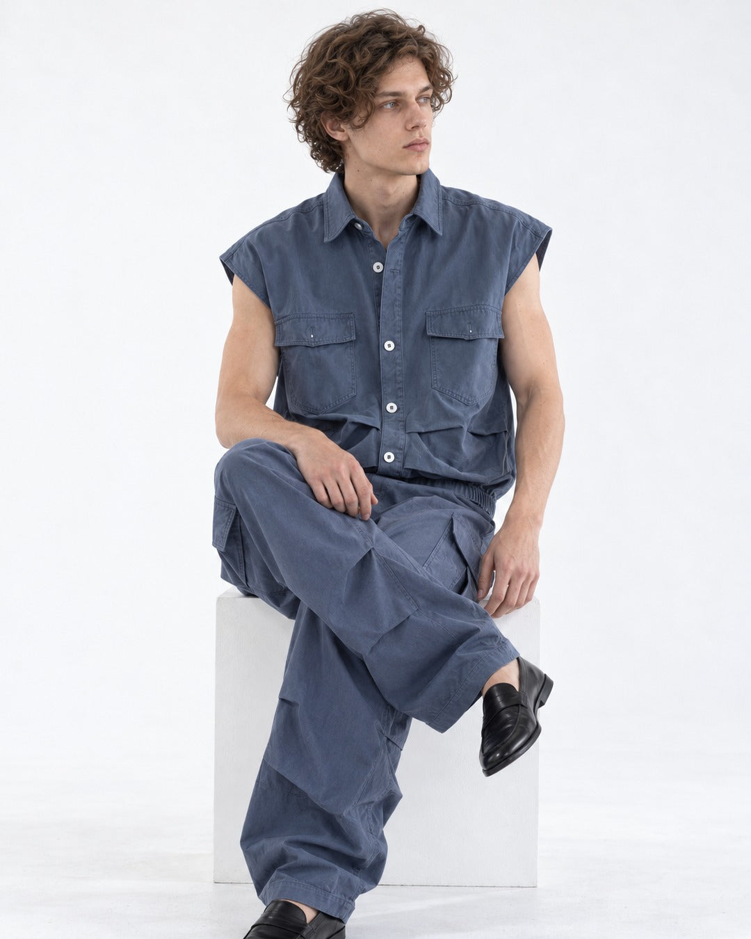 Sleeveless Pocket Shirt and Pleated Cargo Pants Set