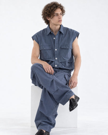 Sleeveless Pocket Shirt and Pleated Cargo Pants Set