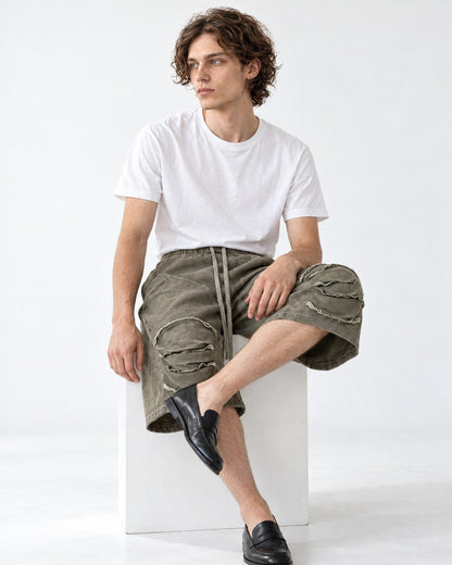 Raw Edge Knee Patch Drawstring Shorts