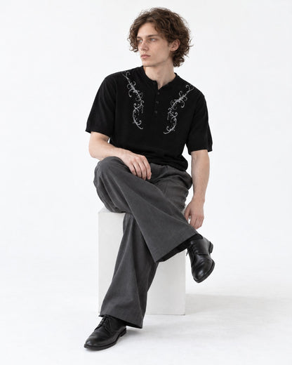 Henley Knit Top with Embroidered Scrollwork