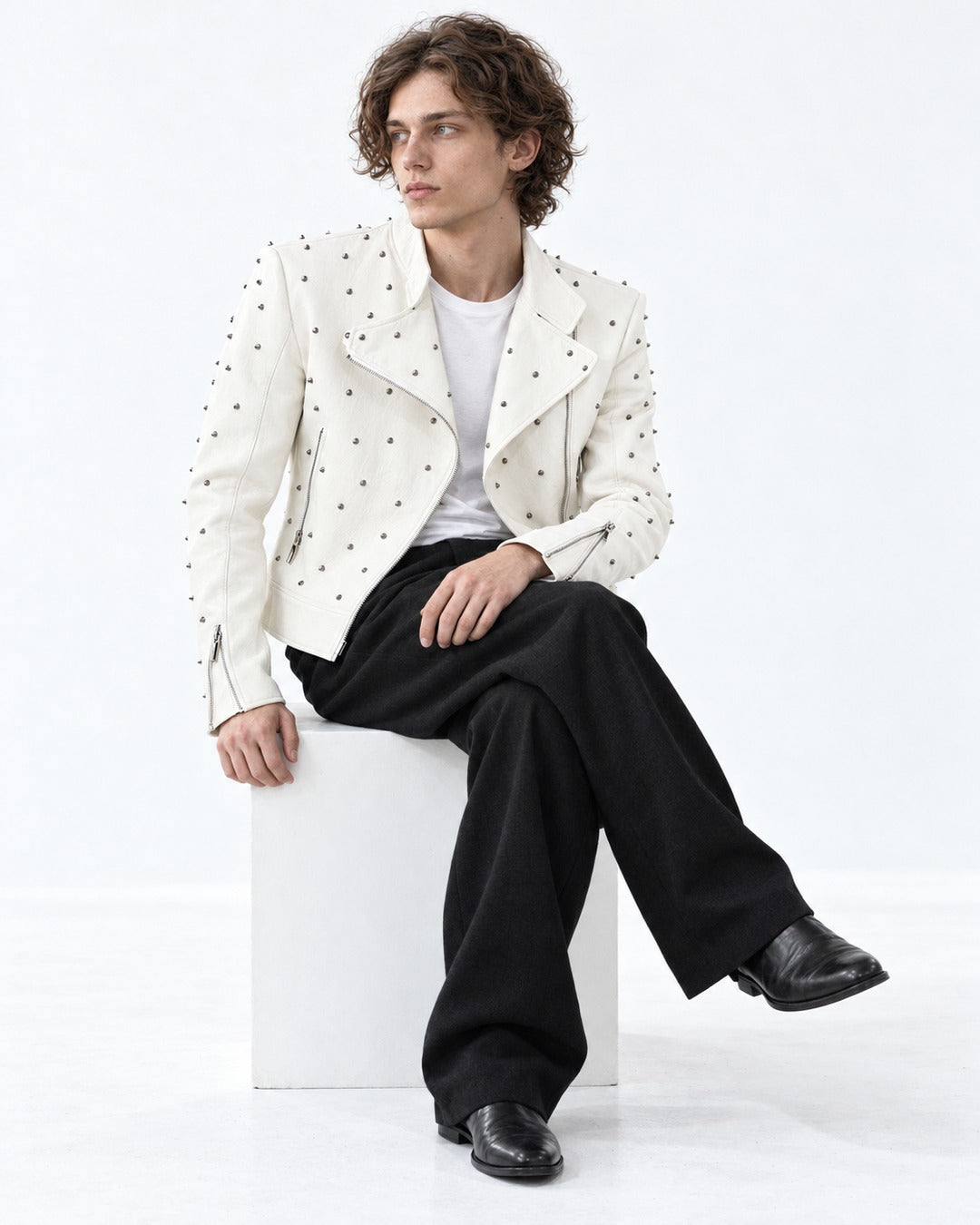 White Metal Rivet Biker Jacket