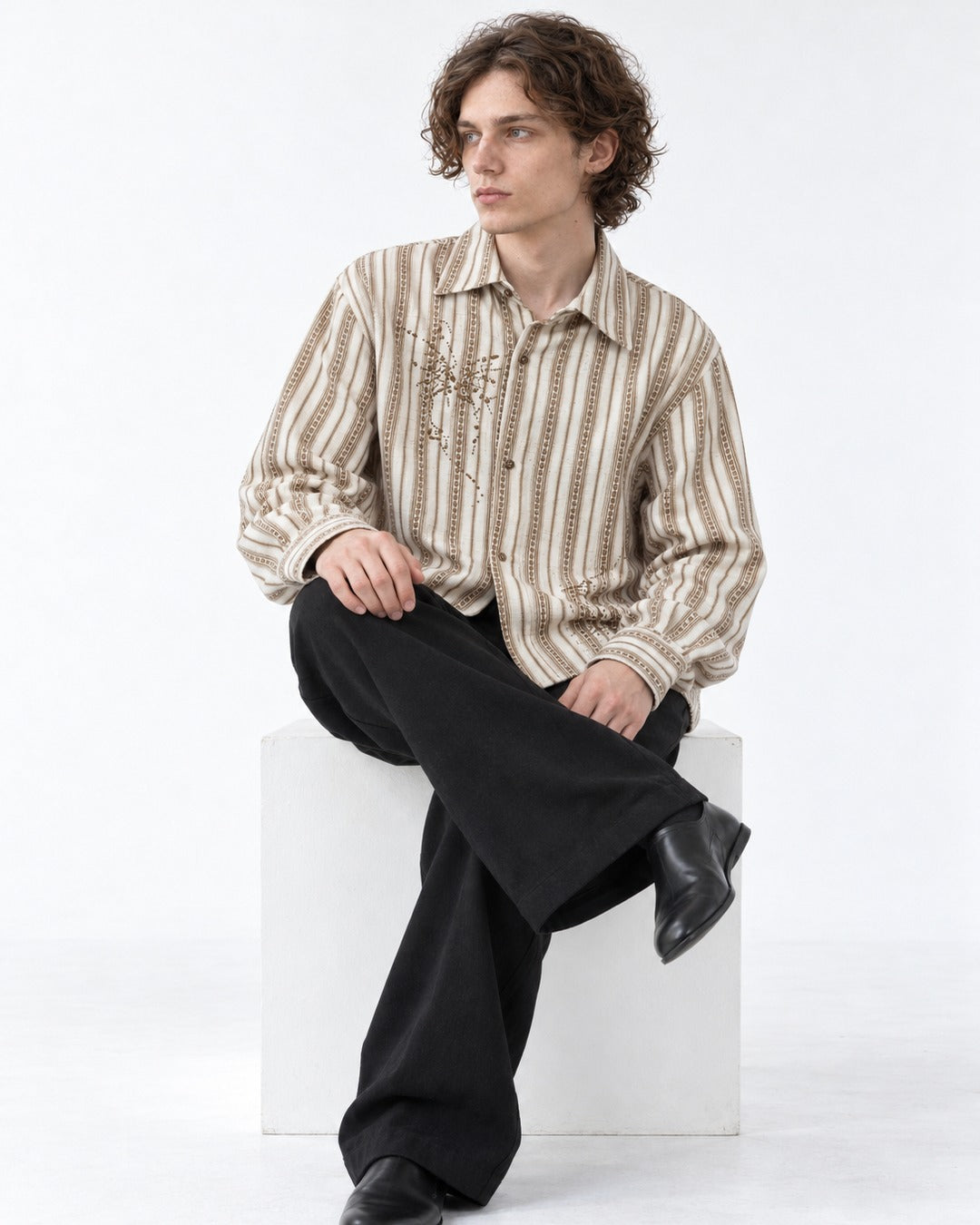 Embroidered Striped Button-Up Shirt
