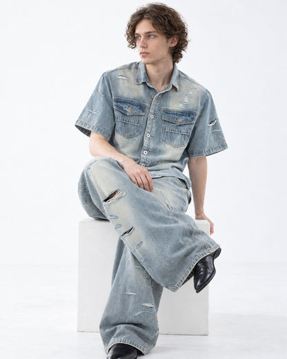 Distressed Washed Denim Shirt and Jeans Set-Up