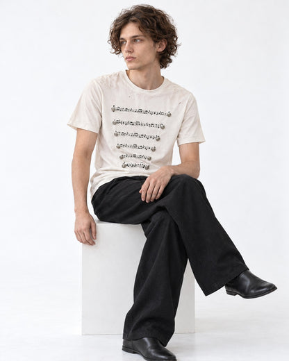 Musical Staff Print Distressed Tee with Metal Buttons