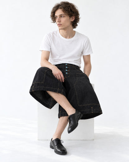 Contrast Stitch Button Fly Denim Shorts