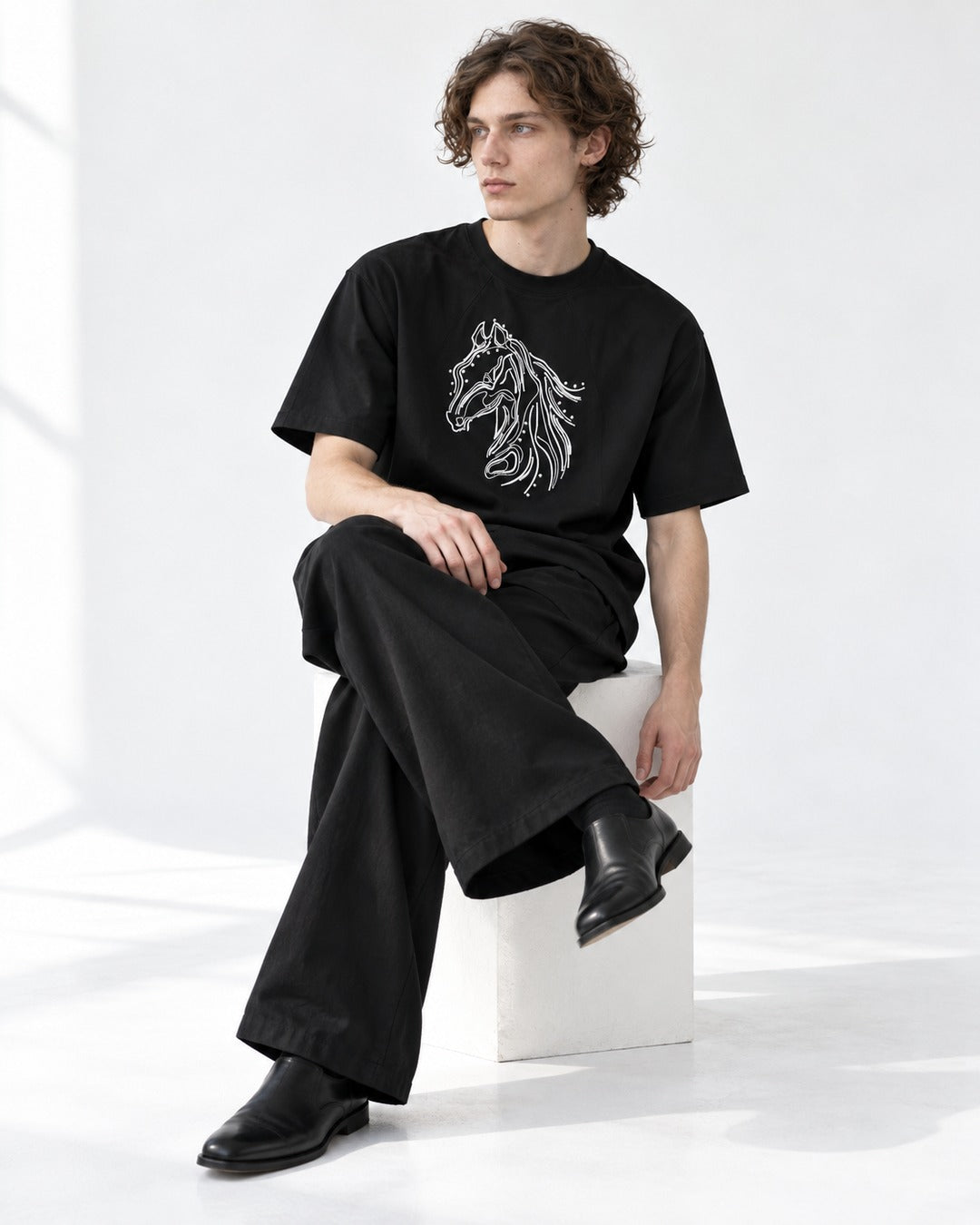Horse Head Embroidered Mock-Neck T-Shirt
