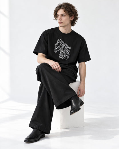 Horse Head Embroidered Mock-Neck T-Shirt