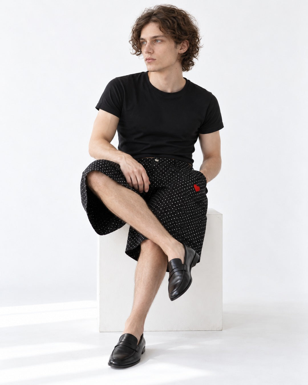 Polka Dot Wide Knee-Length Pants with Heart Embroidery